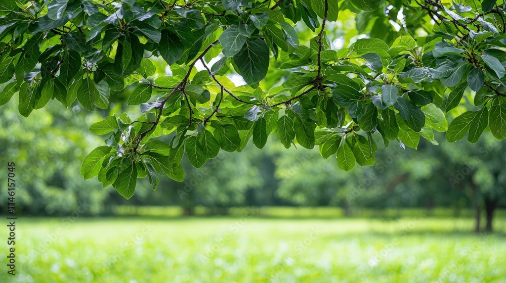 Obraz premium Lush green leaves overhanging a blurred park.
