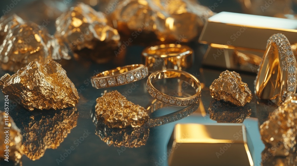 A variety of gold items, including nuggets, rings, and bars, placed on a reflective surface, captured with deep focus in 4K detail A variety of gold items, including nuggets, rings, and bars, placed on a reflective surface, captured with deep focus in 4K detail
