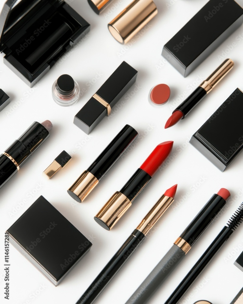 Obraz premium A variety of makeup items like lipsticks, contour kits, and eyeliners displayed on a clean white background, captured in sharp 4K focus to showcase the elegant design and textures of each product