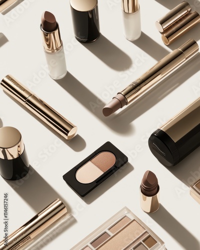 A variety of makeup items like lipsticks, contour kits, and eyeliners displayed on a clean white background, captured in sharp 4K focus to showcase the elegant design and textures of each product