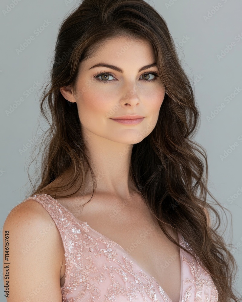 Beautiful brunette woman with wavy, shiny hair and flawless makeup, dressed in a pink elegant dress, captured in a 4K close-up shot against a neutral grey studio background Beautiful brunette woman with wavy, shiny hair and flawless makeup, dressed in a pink elegant dress, captured in a 4K close-up shot against a neutral grey studio background