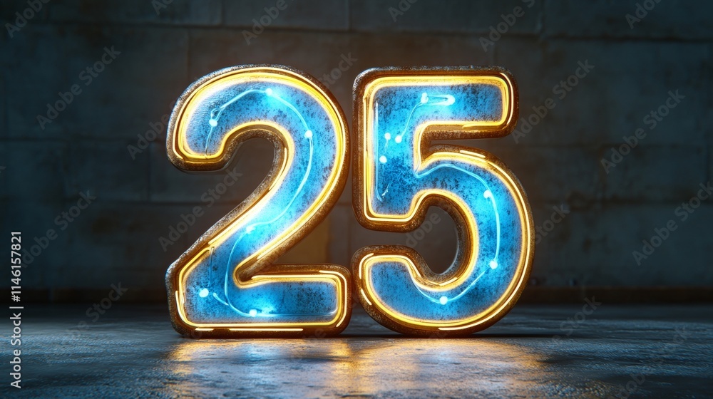 Neon Glowing Number 25 Shining Light on a Textured Surface with Subtle Ground Illumination Neon Glowing Number 25 Shining Light on a Textured Surface with Subtle Ground Illumination
