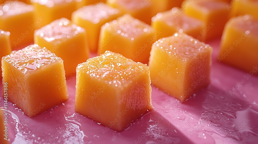 High-resolution mango cube arrangement with golden hues and soft shadows on a neutral background High-resolution mango cube arrangement with golden hues and soft shadows on a neutral background