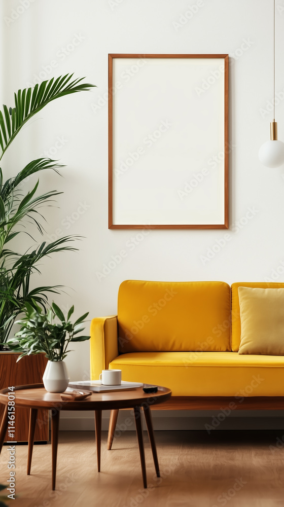 Cozy living room featuring a yellow sofa, green plants, and minimal decor for a bright and inviting atmosphere