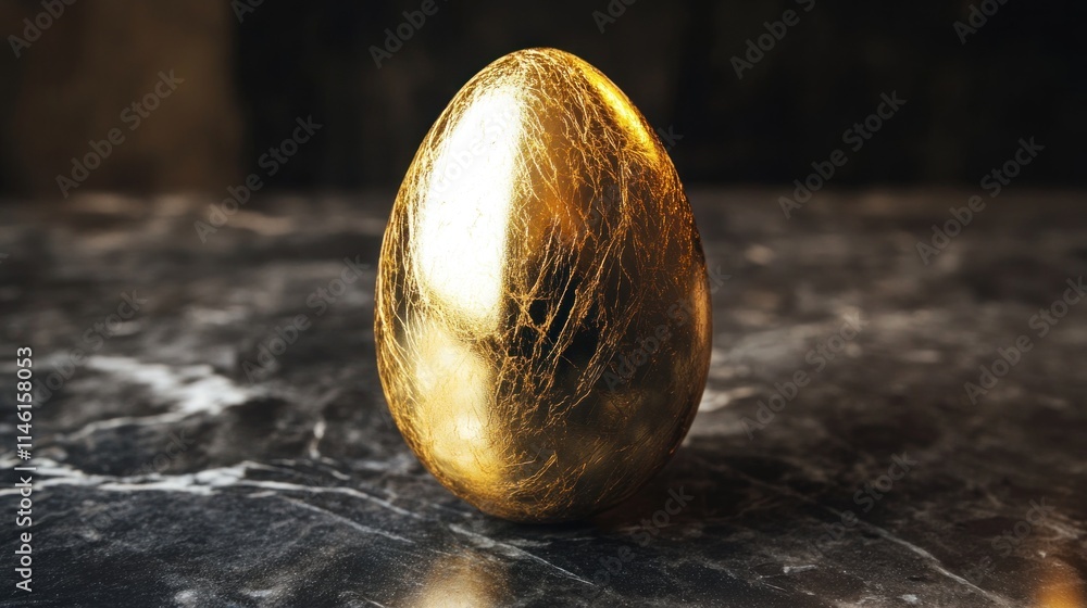 Fototapeta premium Close-up of a beautifully polished golden egg on a dark marble surface, illuminated by soft natural light, captured in 4K resolution
