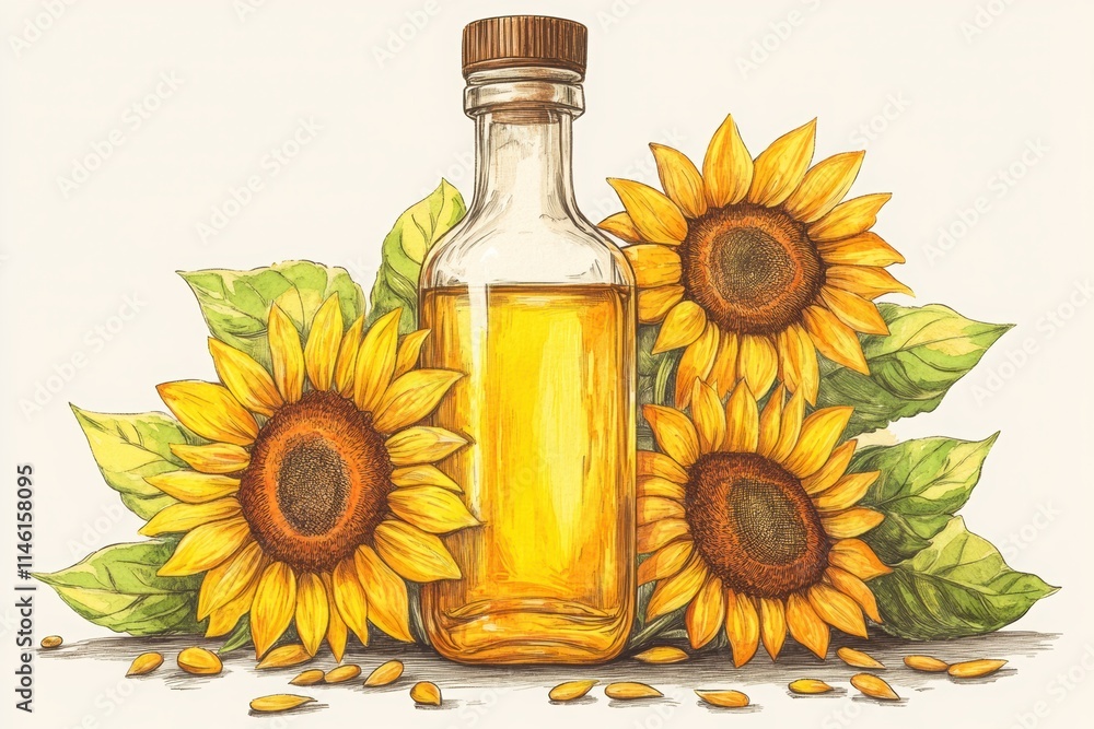 A cheerful hand-drawn illustration of a sunflower oil bottle surrounded by bright yellow sunflowers and seeds, perfect for branding or packaging. A cheerful hand-drawn illustration of a sunflower oil bottle surrounded by bright yellow sunflowers and seeds, perfect for branding or packaging.