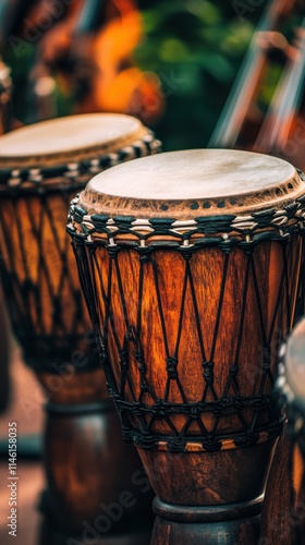 Close-up of three  African Djembe drums, showcasing the intricate details of their wooden bodies and  leather heads. Rich, warm tones of brown and black. photo