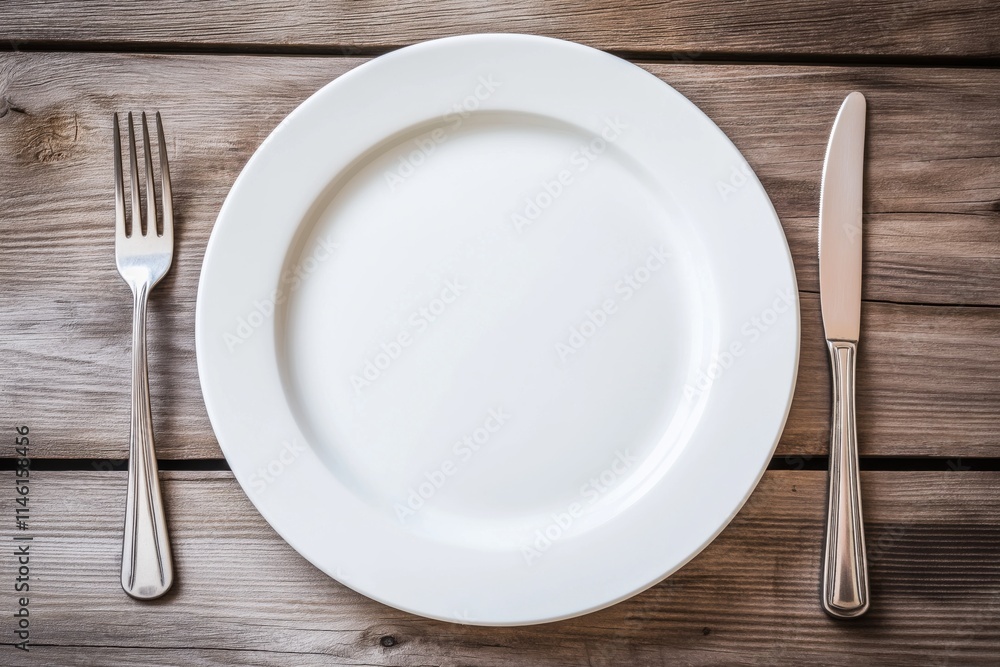 Clean white plate and cutlery arranged on a minimalistic wooden table for a dining experience Clean white plate and cutlery arranged on a minimalistic wooden table for a dining experience