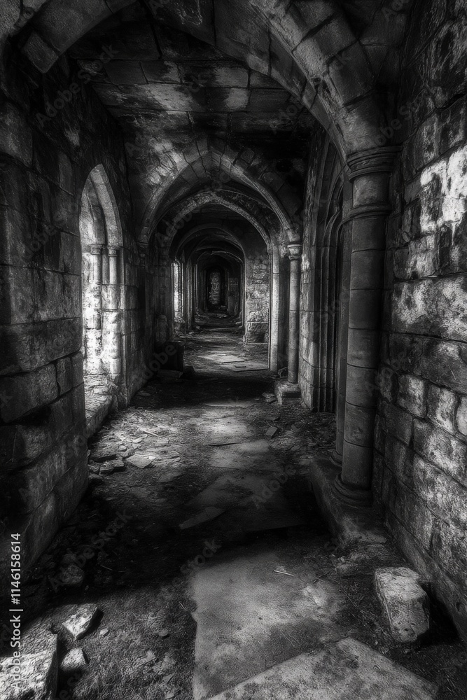 Dungeon Corridor. Abandoned Stone Tunnel with Dim Light in Dark, Mysterious Interior Dungeon Corridor. Abandoned Stone Tunnel with Dim Light in Dark, Mysterious Interior