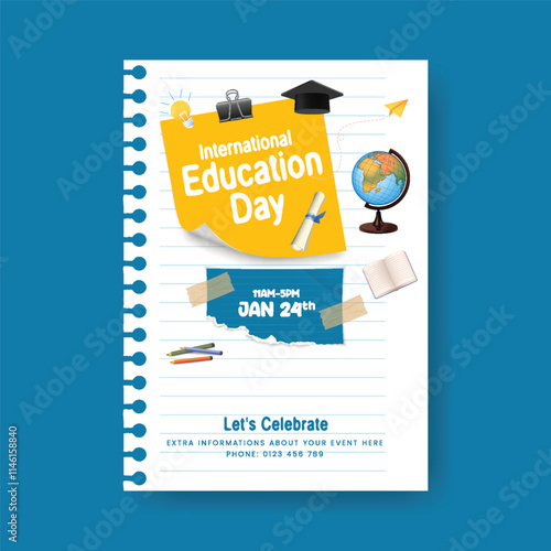 Creative educational vertical print flyer or poster template design for international day of education background, back to school flyer or poster, kindergarten flyer, online language learning poster