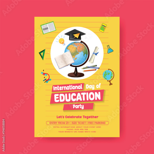 Creative educational vertical print flyer or poster template design for international day of education background, back to school flyer or poster, kindergarten flyer, online language learning poster