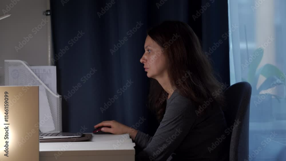 Tired woman working on computer on table at home. Female face attentively reading something on laptop screen. Tired woman working on computer on table at home. Female face attentively reading something on laptop screen.