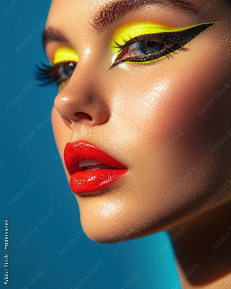 Close-up of a woman with graphic makeup, featuring bold neon eyeliner and vivid lipstick, her sharp facial features emphasized, shot in sharp 4K clarity Close-up of a woman with graphic makeup, featuring bold neon eyeliner and vivid lipstick, her sharp facial features emphasized, shot in sharp 4K clarity