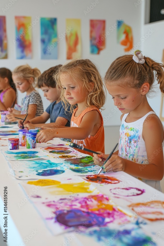 Fototapeta premium Group of young children painting with vibrant watercolors at a clean, white table
