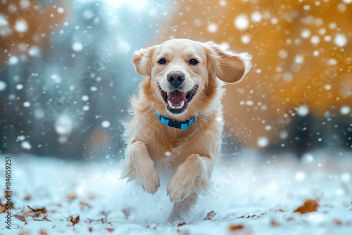 Dog running through a snowy winter landscape with snowflakes falling