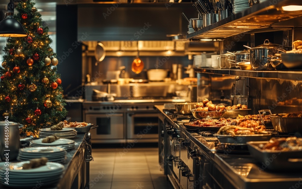 A modern commercial kitchen with a glowing Christmas tree near the ovens, surrounded by luxury pots, pans, and plated dishes A modern commercial kitchen with a glowing Christmas tree near the ovens, surrounded by luxury pots, pans, and plated dishes