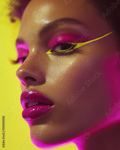 Close-up shot of a woman with bold, graphic makeup, neon eyeliner accentuating her eyes, and bright pink lipstick, captured in 4K clarity