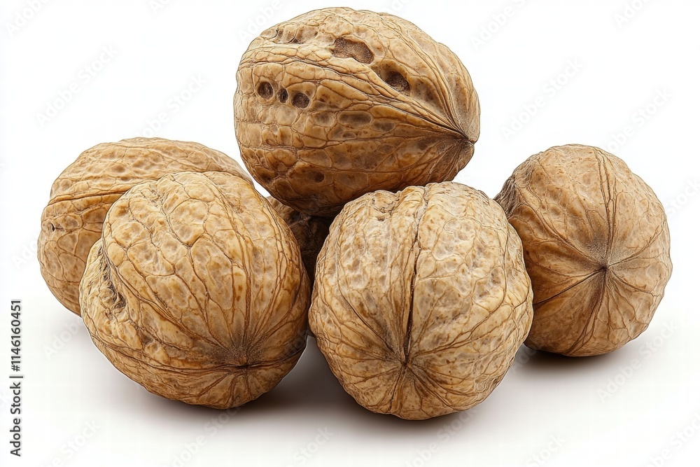 Close-Up View of Raw Whole Walnuts in a Pile on a White Background, Showcasing Textured Shells and Natural Shape of Organic Nuts Close-Up View of Raw Whole Walnuts in a Pile on a White Background, Showcasing Textured Shells and Natural Shape of Organic Nuts