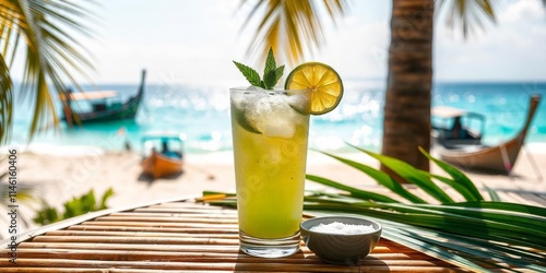 Refreshing tropical drink served on bamboo table by the beach during sunny day with palm trees and boats in background