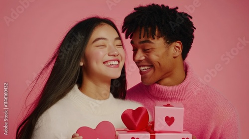 Young diverse couple smiling and sharing gifts against pink background, celebrating love and joy during special occasions, perfect for Valentine's Day themes and romantic events