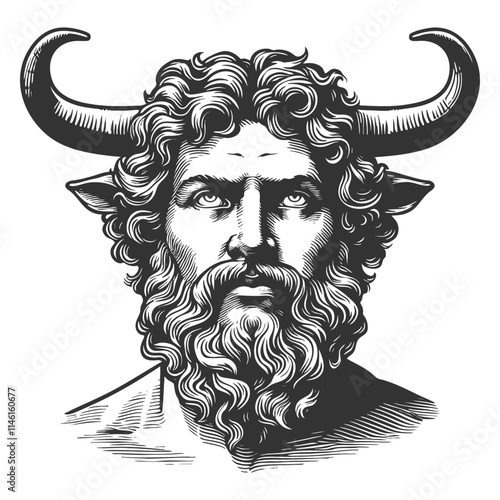 bearded man with prominent horns, combining mythical strength and refined elegance in a bold design sketch engraving generative ai vector illustration. Scratch board imitation. Black and white image.