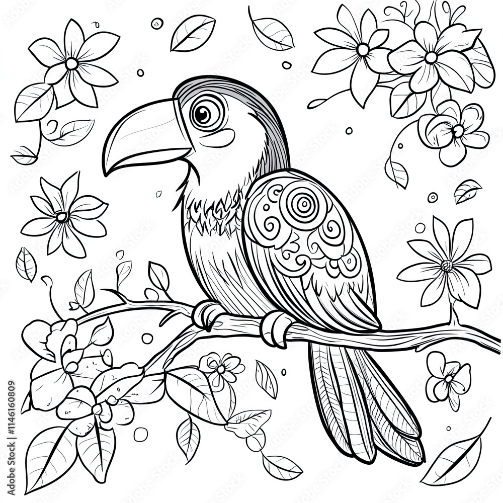 Naklejka premium Simple Coloring Page: Toucan on Flowered Branch for Kids' Activities