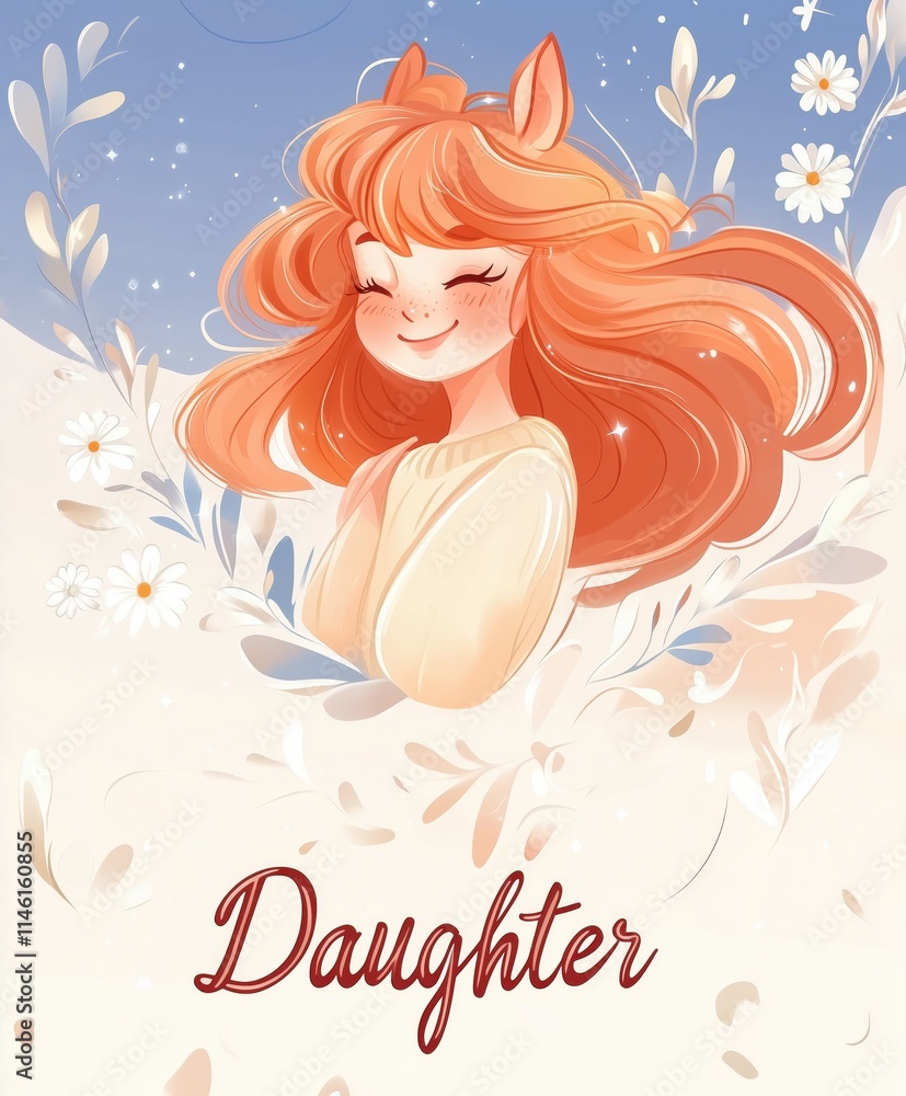 Stylized fantasy illustration of a girl with pony features labeled 'Daughter,' featuring flowing hair and floral motifs Stylized fantasy illustration of a girl with pony features labeled 'Daughter,' featuring flowing hair and floral motifs