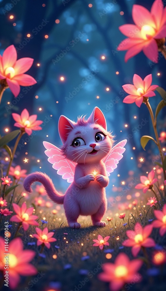 Fantasy magical creature, kitten with fairy wings, surrounded by glowing flowers, whimsical design, copy space Fantasy magical creature, kitten with fairy wings, surrounded by glowing flowers, whimsical design, copy space
