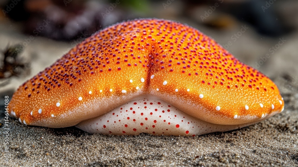 Close-Up View of a Vibrantly Colored Sea Star Shell Resting on Sandy Ocean Floor, Showcasing Unique Texture and Patterns in Marine Environment Close-Up View of a Vibrantly Colored Sea Star Shell Resting on Sandy Ocean Floor, Showcasing Unique Texture and Patterns in Marine Environment