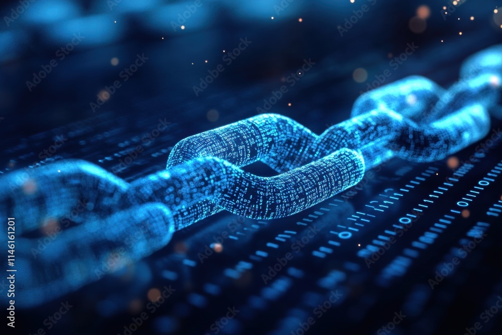 Digital Chain Link Representing Blockchain Technology with Glowing Binary Code on a Dark Background for Modern Tech and Security Concepts Digital Chain Link Representing Blockchain Technology with Glowing Binary Code on a Dark Background for Modern Tech and Security Concepts