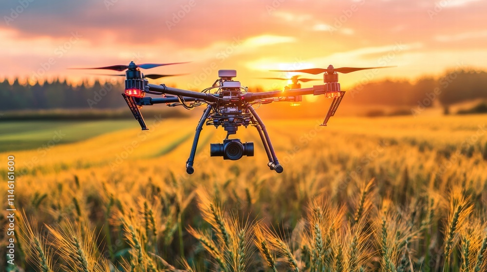 Aerial Drone Capturing Stunning Sunset over Golden Wheat Field with Vibrant Sky and Lush Nature in Background for Agricultural Monitoring and Photography Aerial Drone Capturing Stunning Sunset over Golden Wheat Field with Vibrant Sky and Lush Nature in Background for Agricultural Monitoring and Photography
