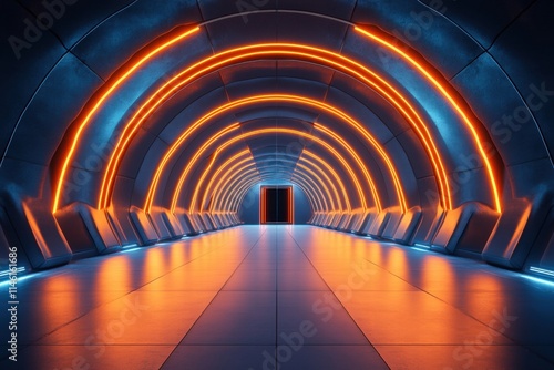 Futuristic Sci-Fi Tunnel with Glowing Orange and Blue Neon Lights  Sleek Architecture  and Reflections on Floor in High-Tech Environment