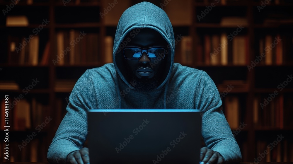 Person in Hoodie Using Laptop with Intense Focus in Dark Room Surrounded by Books, Creating a Mysterious and Atmospheric Intellectual Vibe for Stock Photography Person in Hoodie Using Laptop with Intense Focus in Dark Room Surrounded by Books, Creating a Mysterious and Atmospheric Intellectual Vibe for Stock Photography