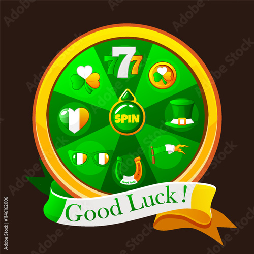 Green Lucky Wheel of Fortune with ribbon of text Good luck and set icons. Spin for St. Patrick Day. Lucky spin. Casino banner design element for UI game