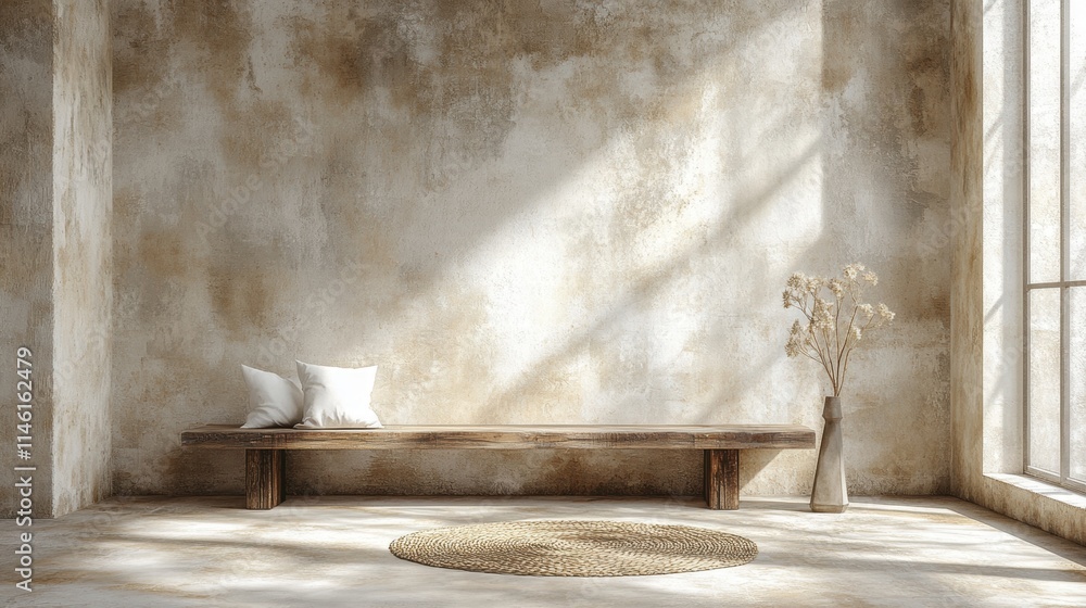 Minimalist interior design showcasing a serene and airy space with a wooden bench, decorative pillows, a simple vase, and natural light flooding through large windows. Minimalist interior design showcasing a serene and airy space with a wooden bench, decorative pillows, a simple vase, and natural light flooding through large windows.