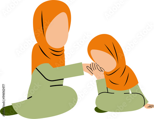 Muslim Girl Showing Respect To Her Mother By Kissing Hand