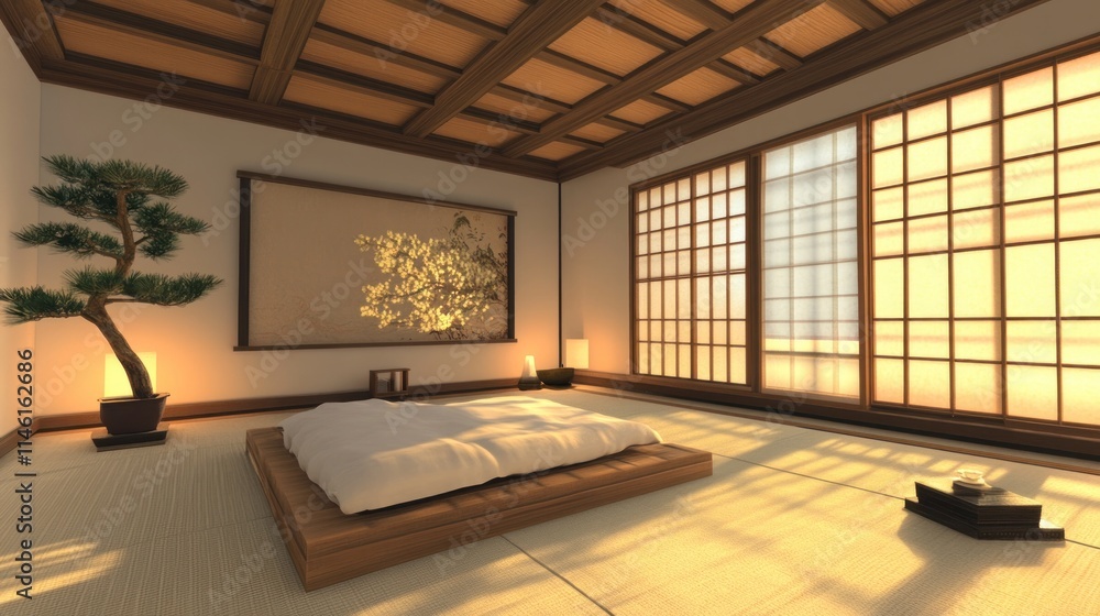 Fototapeta premium Sunlit Japanese-style room with bed and bonsai.
