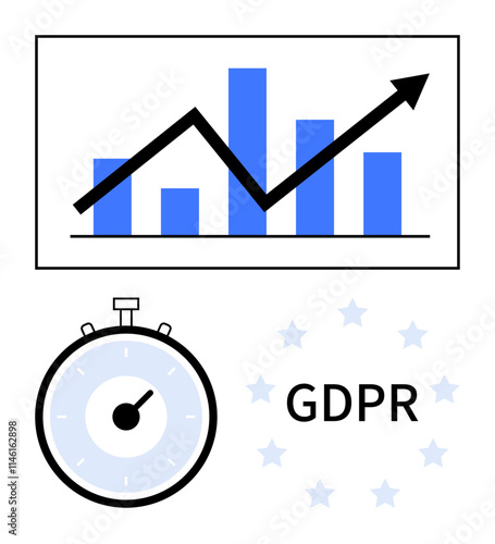 Line graph with rising trend bar chart stopwatch symbol and GDPR text surrounded by stars. Ideal for data privacy, compliance, regulation, data protection, analytics, GDPR, data management. Line