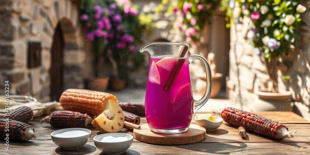 Refreshing fruit drink served in a charming courtyard with vibrant flowers and traditional elements Refreshing fruit drink served in a charming courtyard with vibrant flowers and traditional elements