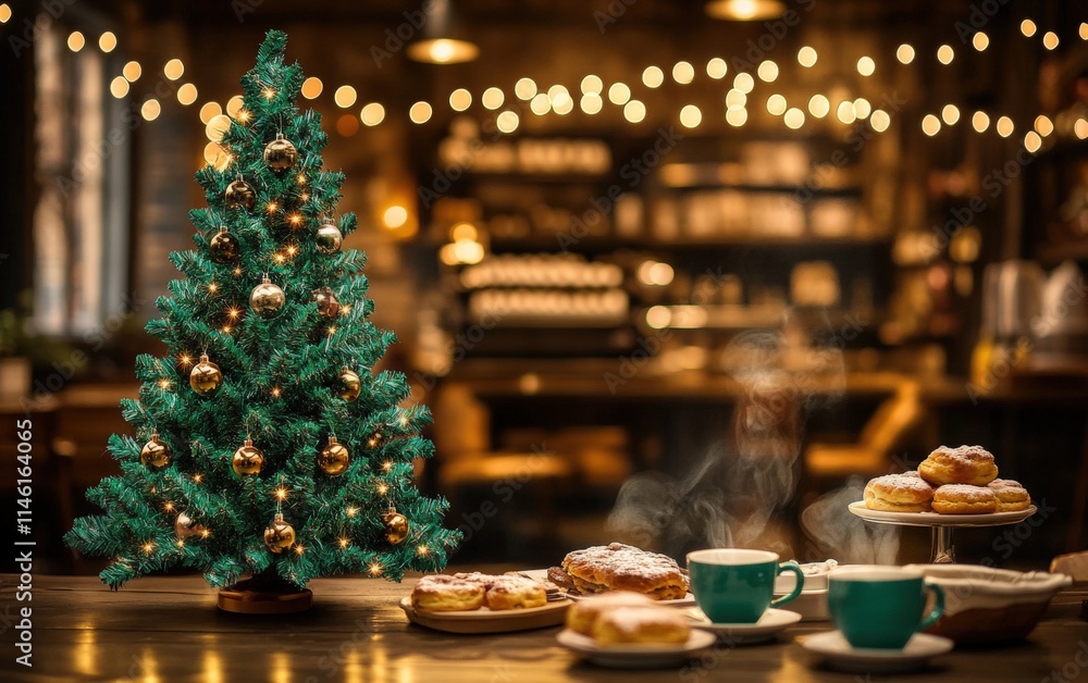 Fototapeta premium A vibrant green Christmas tree glowing softly near a seating area with steaming coffee cups and pastries
