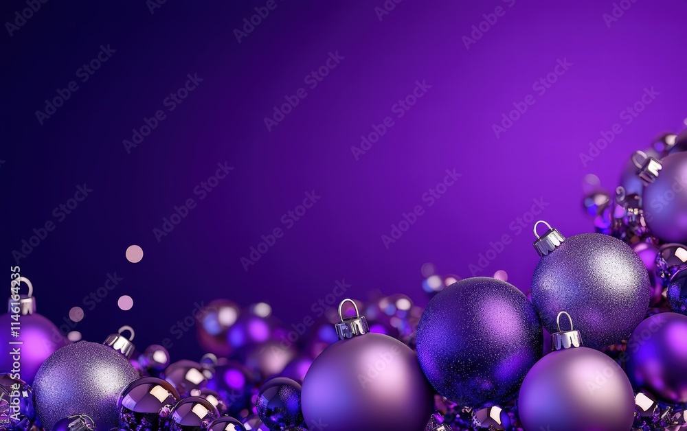 Obraz premium A vibrant purple holiday backdrop with silver ornaments and a clean gradient blank area for text