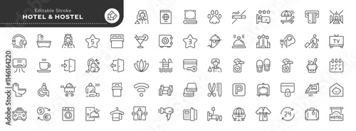 Hotel line icon set. Hostel, apartment, reception, hotel maid, bell boy, room and more. Outline vector icon in linear style. Pictogram collection