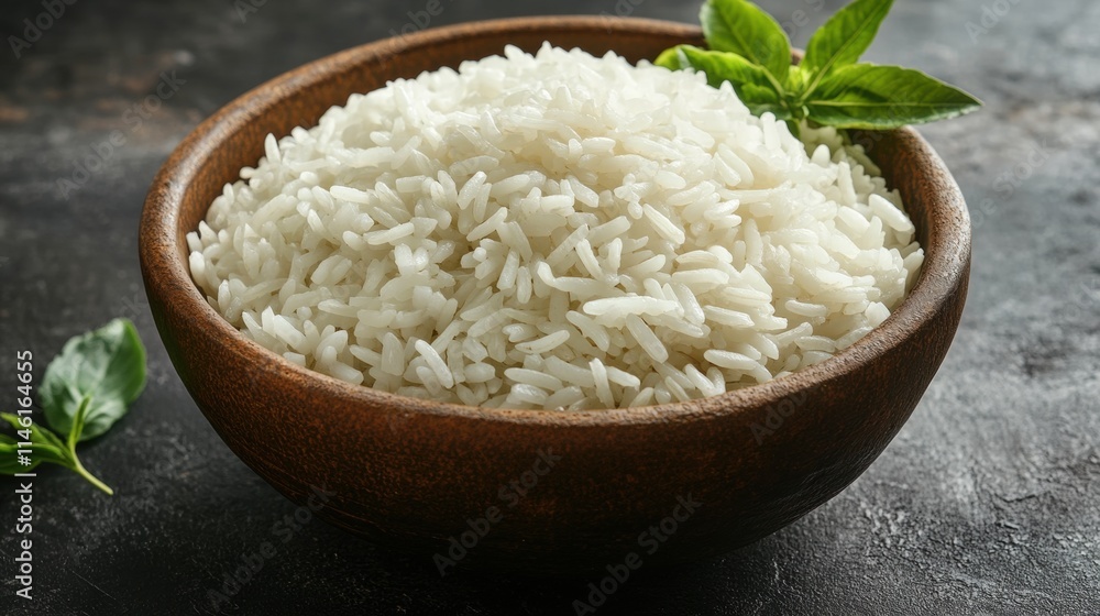 Freshly Cooked White Rice in a Rustic Bowl Surrounded by Fresh Herbs, Perfect for Culinary Displays and Food Photography Needs Freshly Cooked White Rice in a Rustic Bowl Surrounded by Fresh Herbs, Perfect for Culinary Displays and Food Photography Needs
