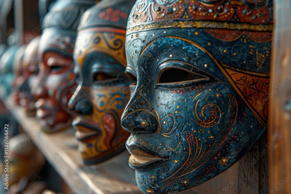 Obraz premium Several colorful masks are lined up on a shelf in a store