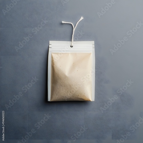 A simple, sealed packet containing a fine powder, suspended against a textured grey background, emphasizing minimalistic packaging design. photo