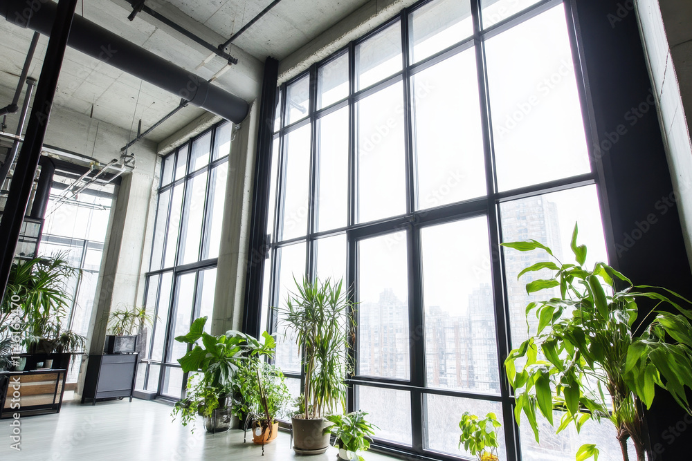 Modern urban loft with large windows and indoor plants Modern urban loft with large windows and indoor plants