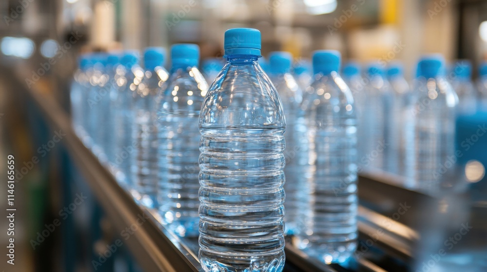 Bottled Water Production Line with Clear Plastic Water Bottles on Conveyor Belt in Modern Factory Setting Bottled Water Production Line with Clear Plastic Water Bottles on Conveyor Belt in Modern Factory Setting