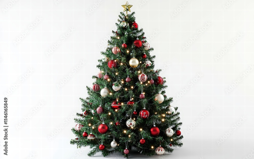 Decorated christmas tree with ornaments and lights, bright white background for festive holiday designs Decorated christmas tree with ornaments and lights, bright white background for festive holiday designs