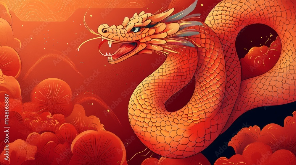 Obraz premium Chinese New Year 2025 vector illustration of Year of Snake cover, poster and sale banner. Chinese zodiac Snake symbol.