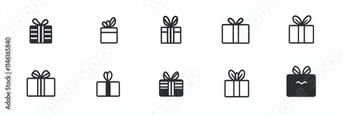 different gift icons, simple line art style, white background, black and white color palette, minimalist design, vector illustration 